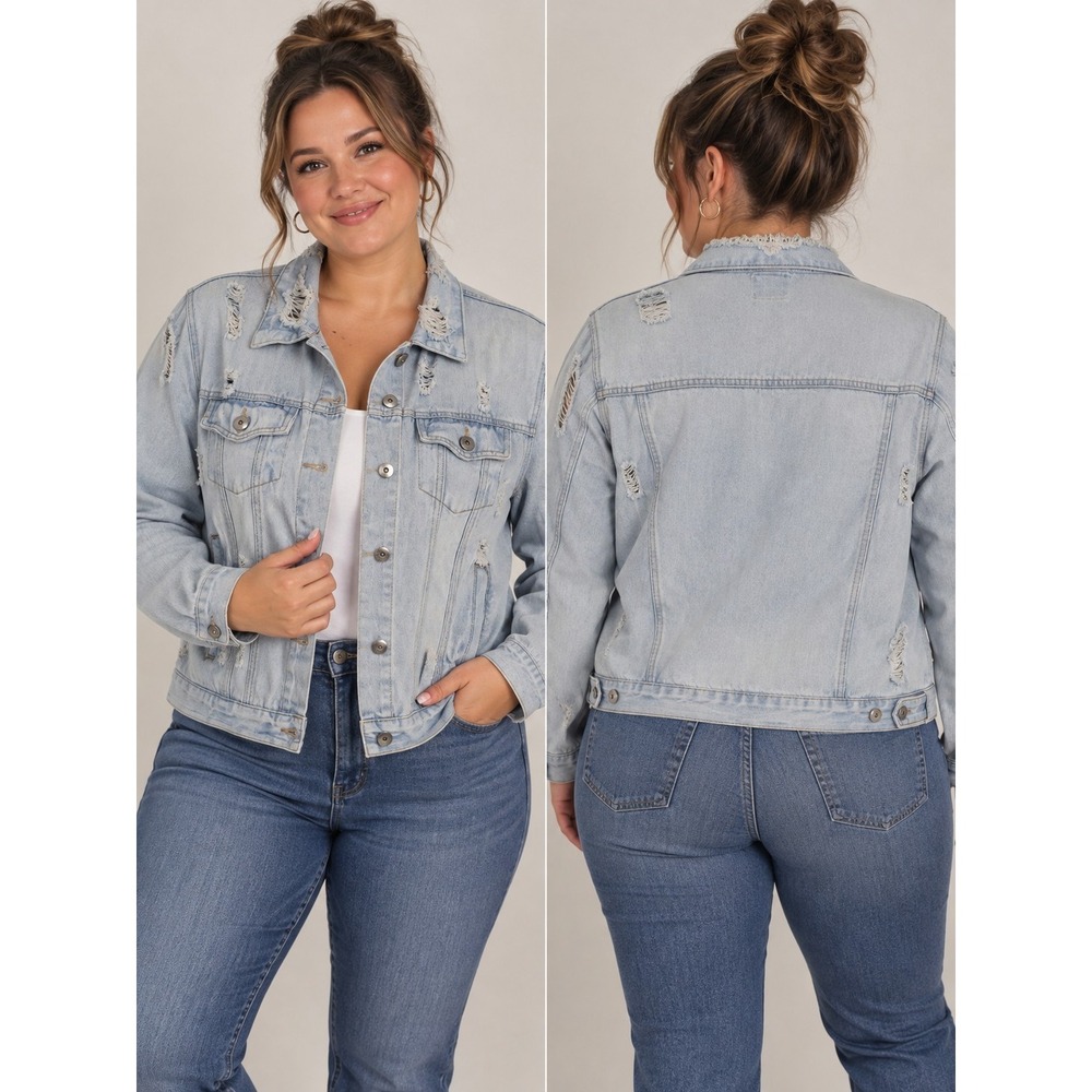 Ci Sono Denim Collection Women's Light Wash Blue Distressed Denim Jacket XL